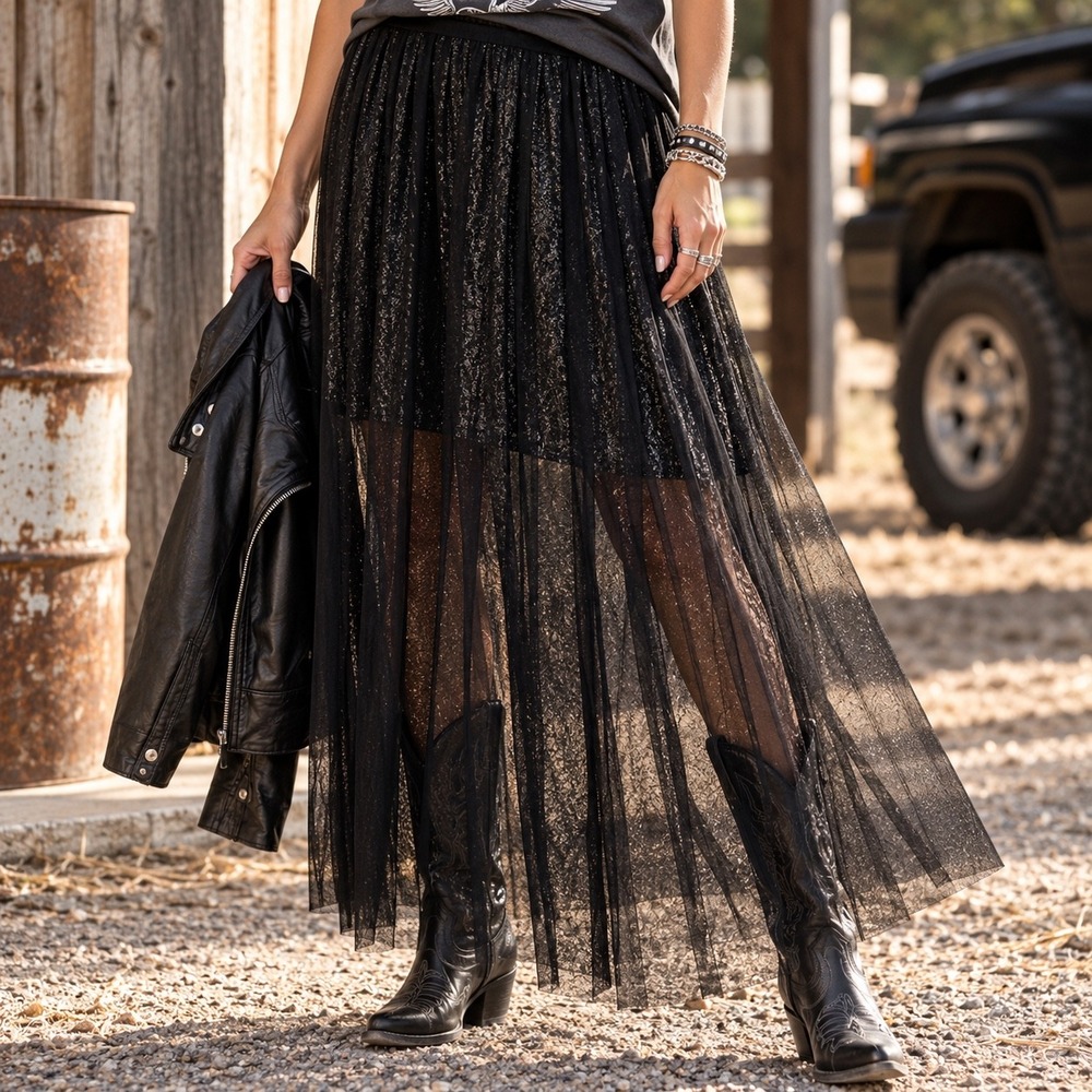 English Rose Black Mesh Metallic Silver Maxi Skirt Small NEW Y2K Witchy Gothic